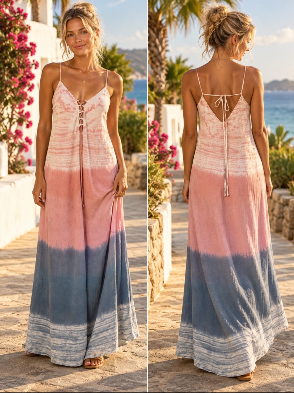 Boho Watercolor Ombré Maxi Dress Lace Up Strappy Lolly Size M